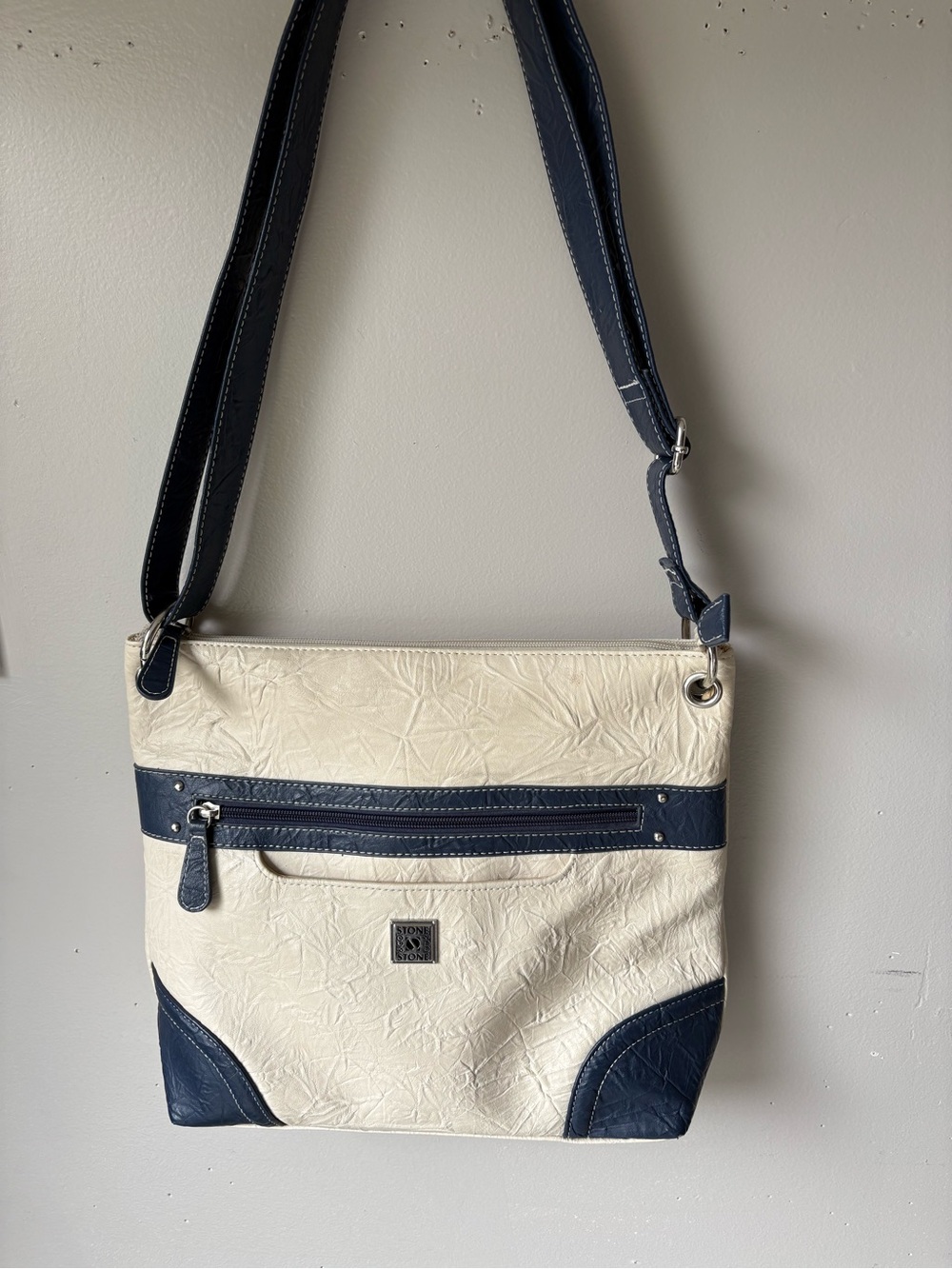 Stone & Co. Cream and Navy Crossbody Bag with Front Zip